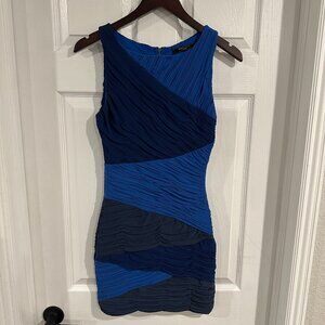 BCBG Max Azria Dress - Womens S Petite - Blue Black Bodycon Ruched Mini Tight